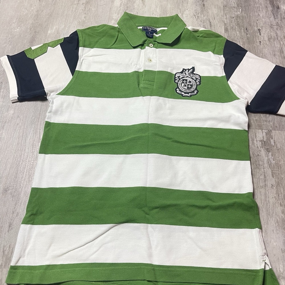 U.S. Polo Assn Men's Interlock‎ Polo Shirt Size L Green And White Strip L-24